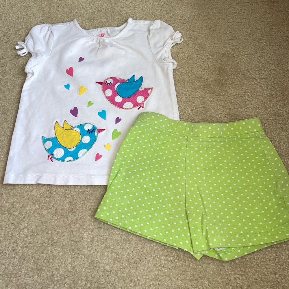 J.Khaki Set with Bird Design - White and Green Polka Dot shorts